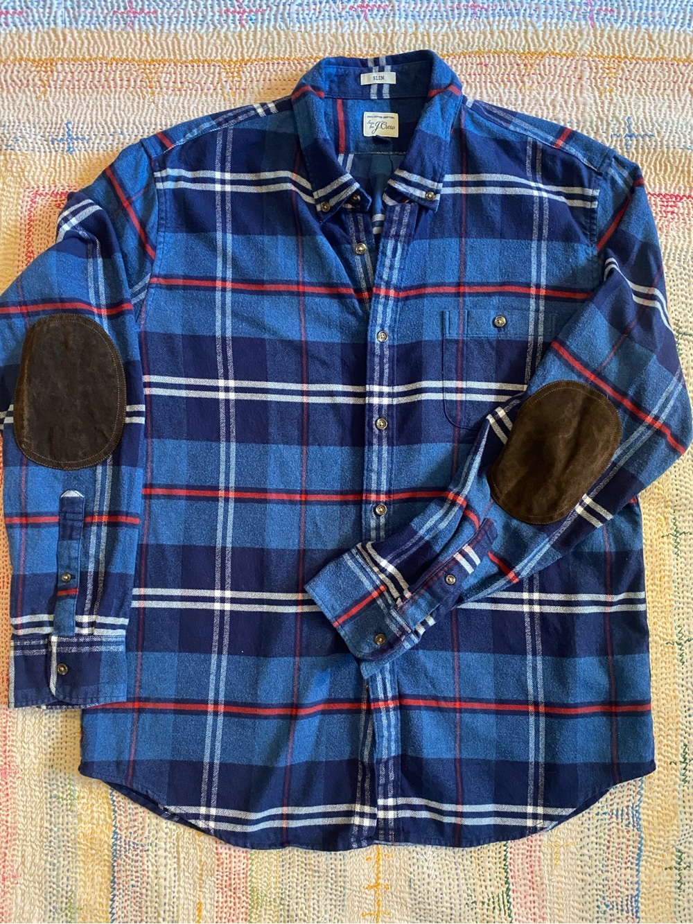 J. Crew Plaid Button-Down Cotton Shirt with Brown Suede Elbow Patches Size XL